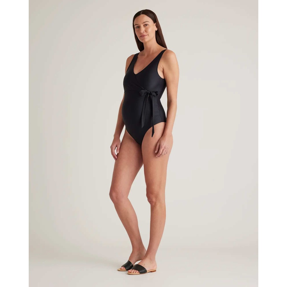 Quince Italian Wrap Maternity One-Piece Swimsuit Black Large NWT UPF 50
